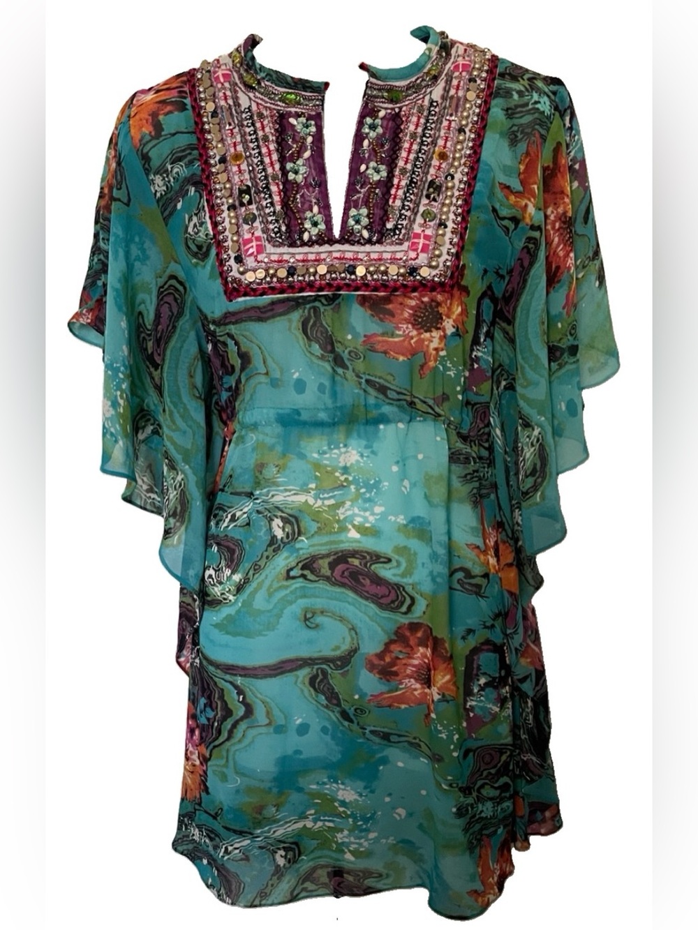 MEGHAN Los Angeles Cerulean BEADED Ocean Inspired Boho DRESS Size 2 AS-IS